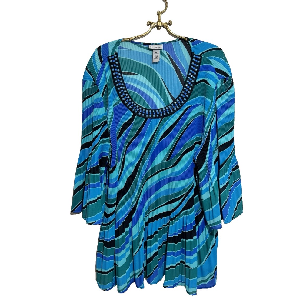Catherines Women's Tunic Blouse Plus 4X Blue Accordion‎ Pleat Chiffon Blouse